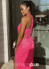 Norma | Mermaid Sequin Fringe Hot Pink Long Cocktail Dress - Price #price_variant_lowest# - Hot Pink - PromDressClub